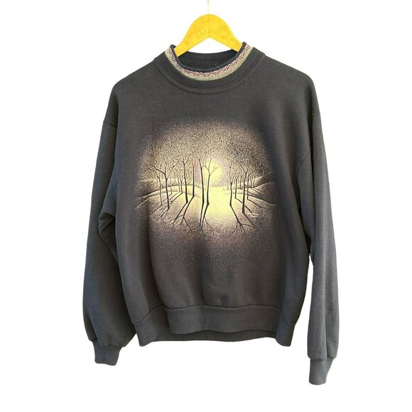 Morning Sun Jerzees Women's Winter Tree Scene 1980s Long Sleeve Crew Neck Medium - Picture 1 of 7